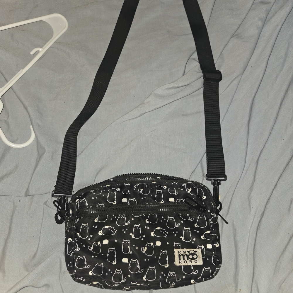Black Crossbody Bag with Cat Print